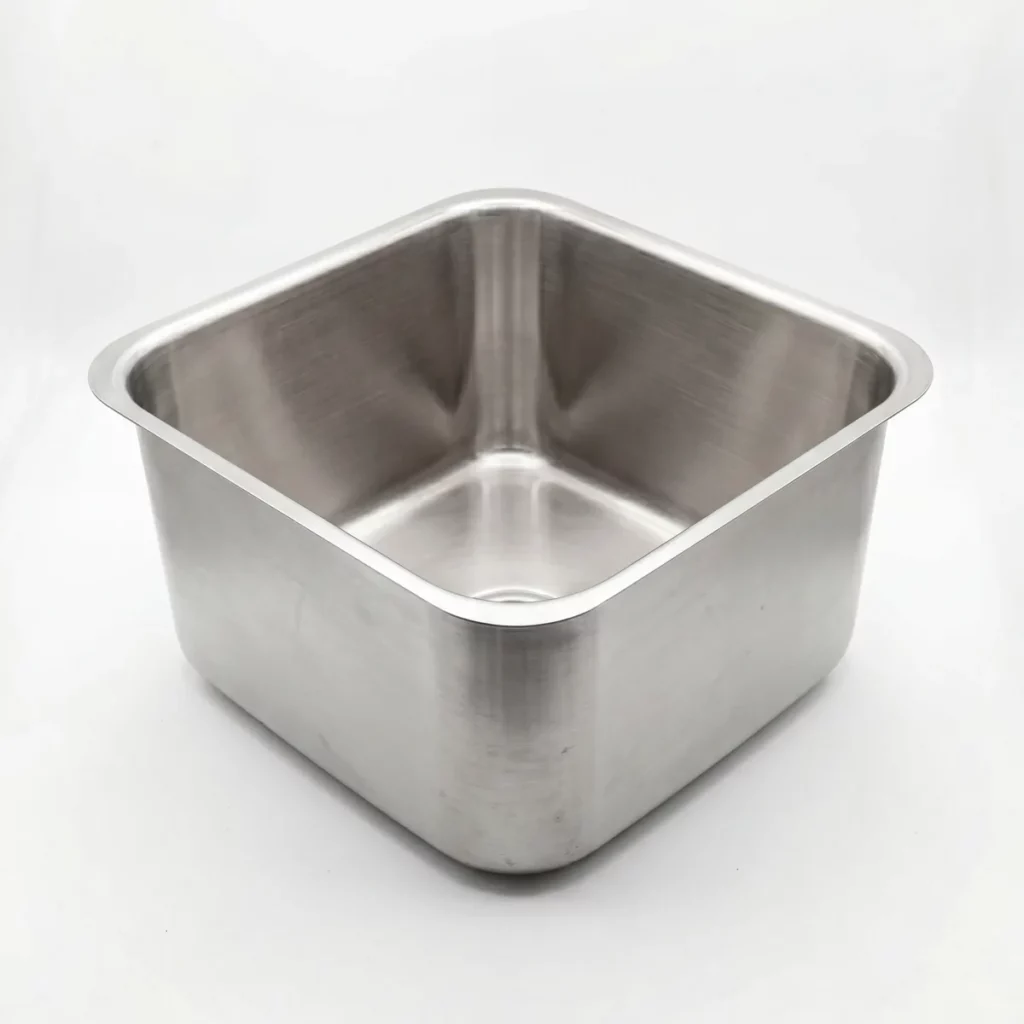 AISI 304 stainless steel deep drawn single bowl kitchen sink with brushed satin finish on white background
