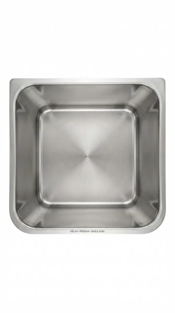 Top-down view of AISI 304 stainless steel single bowl sink showing deep square interior