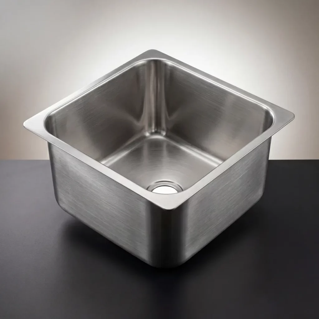 Premium AISI 304 stainless steel single bowl sink photographed in professional studio setting