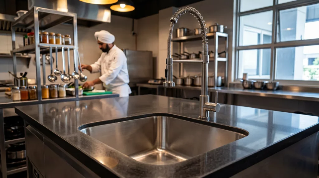 Stainless steel single bowl sink in professional restaurant kitchen with chef preparing food