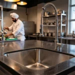 Stainless steel single bowl sink in professional restaurant kitchen with chef preparing food