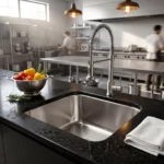 Stainless steel single bowl sink installed in modern commercial kitchen with granite countertop